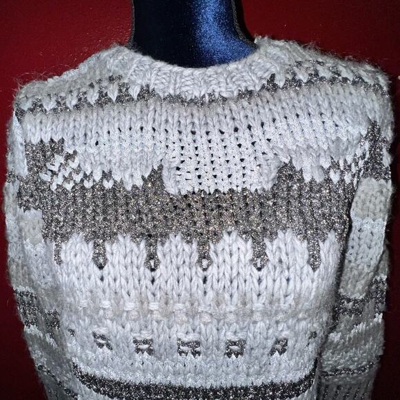 Michael Kors Womens Gray Sweater Shimmer Stripe Chunky Long Sleeve Sz Medium - Picture 2 of 9